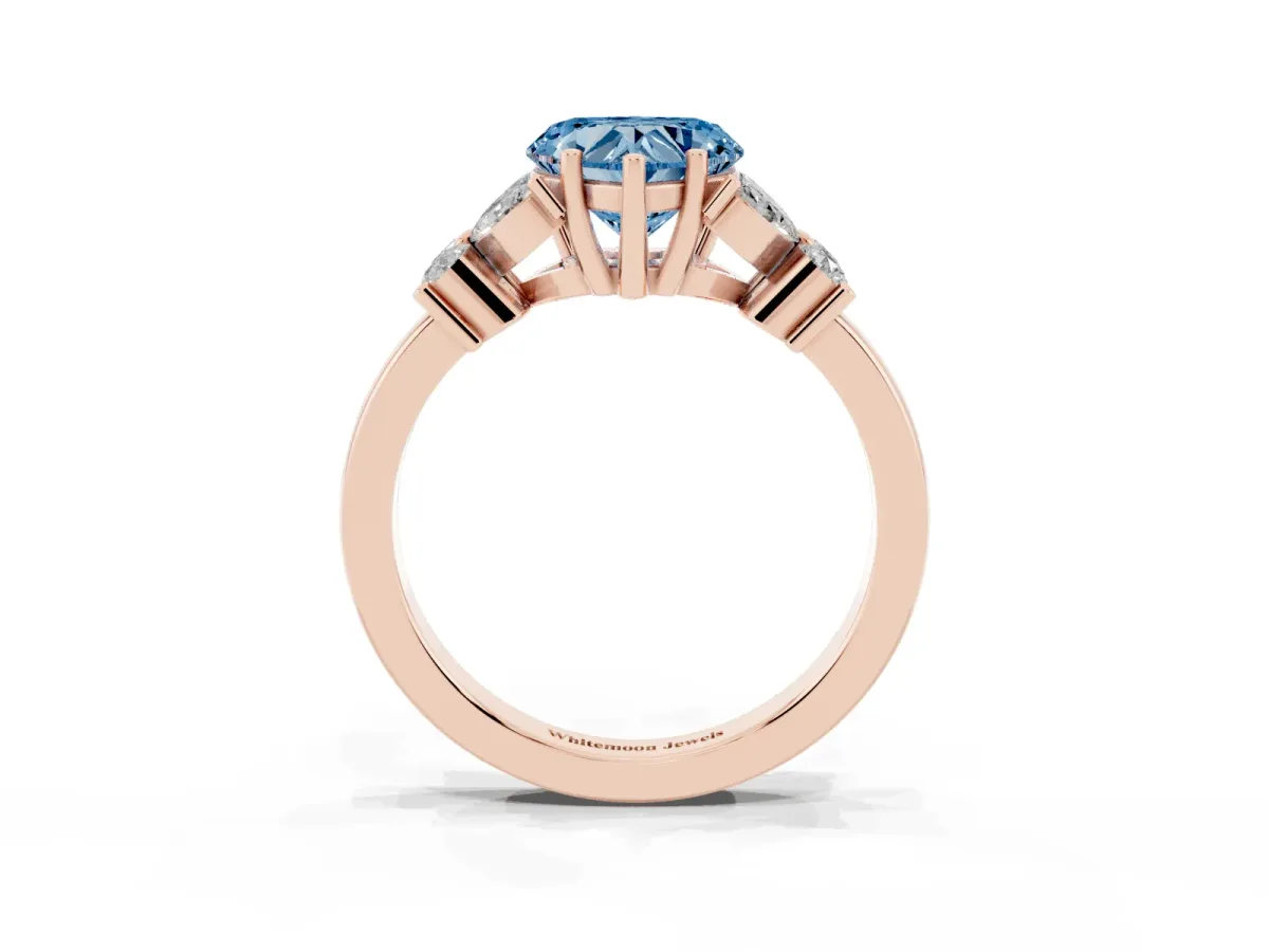 Fancy Blue Heart Cut Diamond Floral Cluster Ring with Solitaire Band and Prong Setting Rose gold