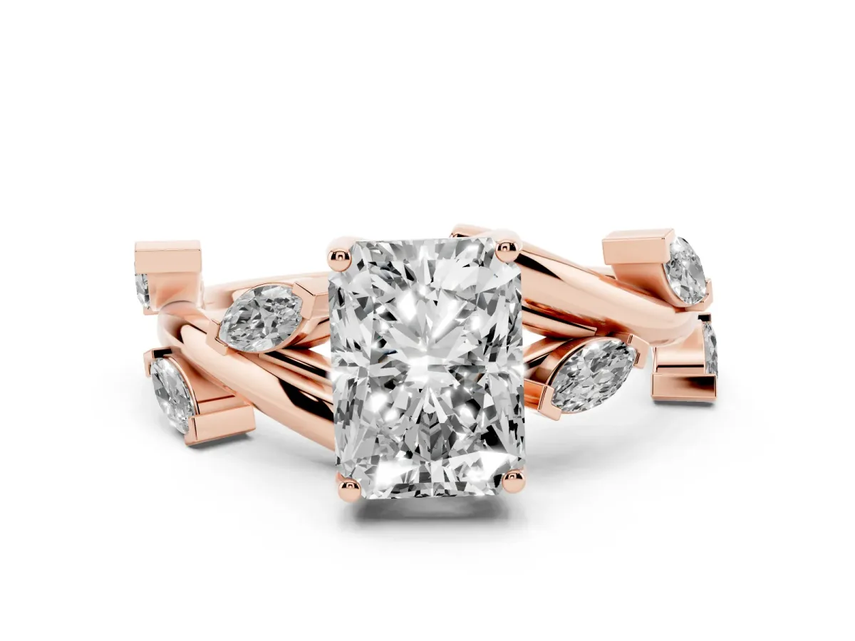 Radiant Cut Solitaire Twisted Band Marquise Accent Prong Setting Ring Rose gold