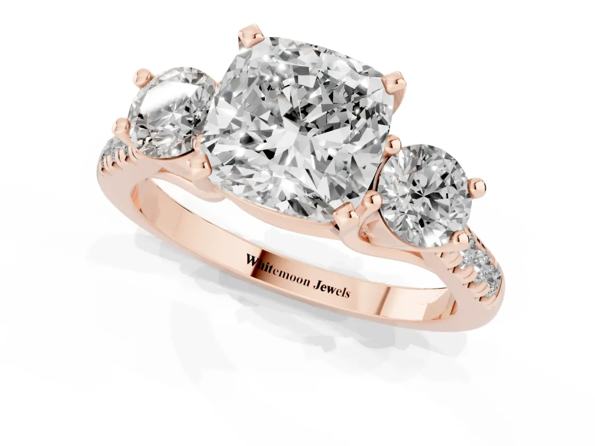 Three-Stone Cushion Cut Diamond Pavé Band with Four-Prong Setting Rose gold