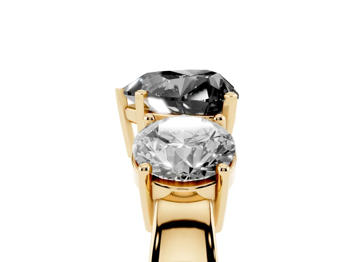 Fancy Black Three-Stone Heart Cut Diamond Ring with Round Side Stones, Classic Band, and Four-Prong Setting Yellow gold