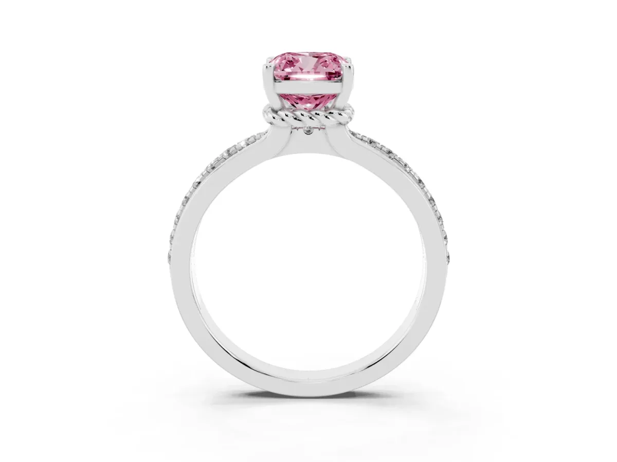 Fancy Pink Cushion Cut Solitaire Diamond Ring with Channel Set Band and Six-Prong Setting White gold