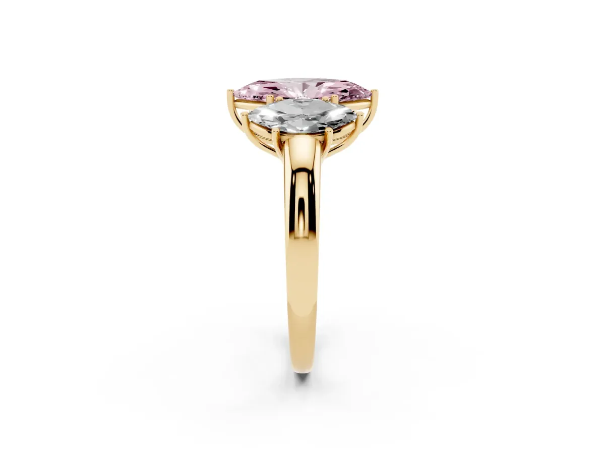 Fancy Pink Marquise Cut Diamond Three-Stone Ring with Four-Prong Setting and Classic Band Yellow gold