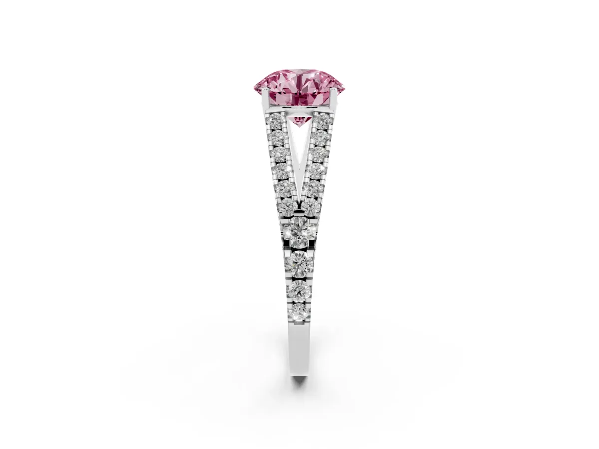 Fancy Pink Round Cut Diamond Split Shank Engagement Ring with Round Pavé and Prong Setting Silver