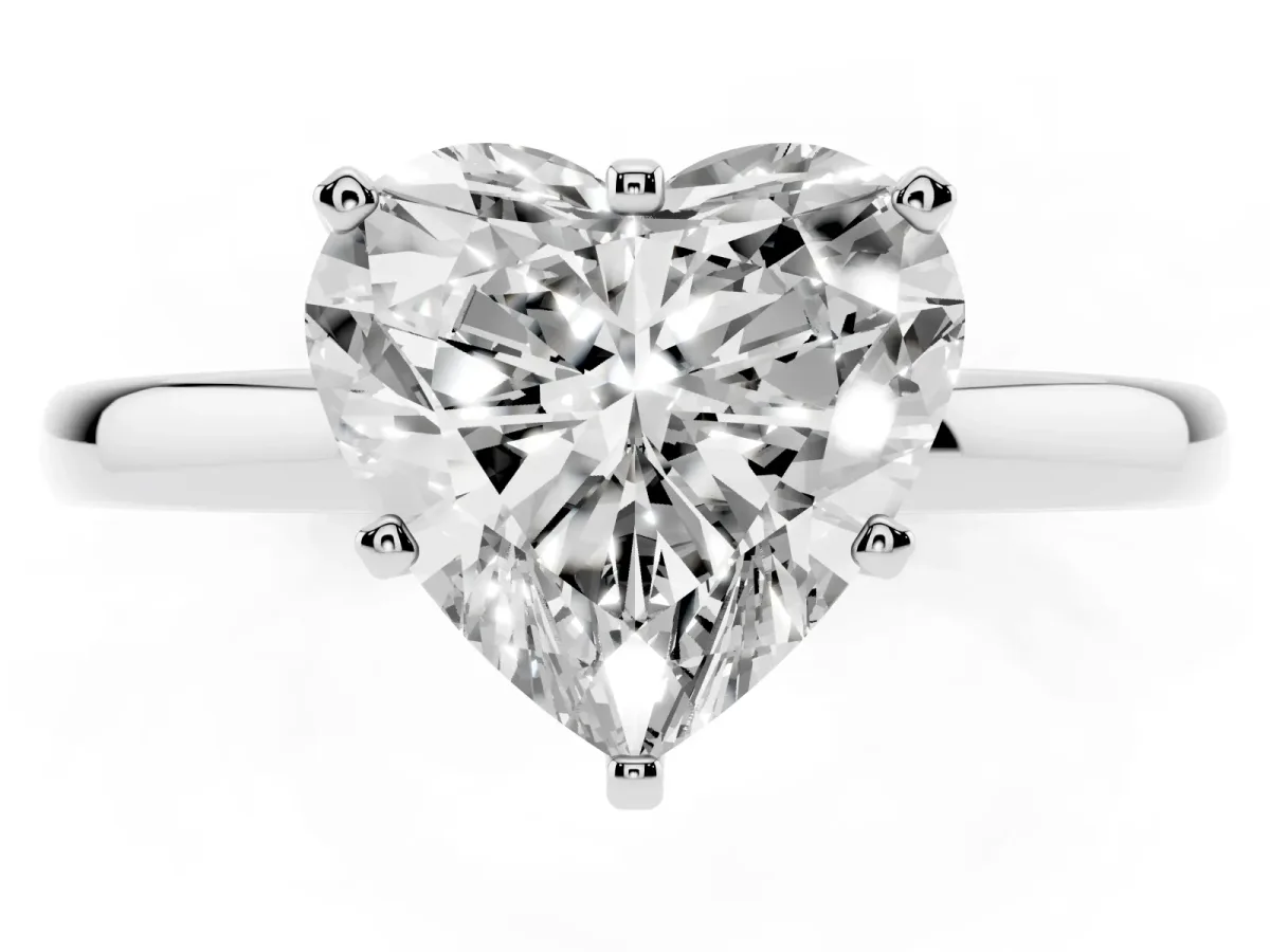 Heart Cut Solitaire Diamond Ring with Six-Prong Setting on a Classic Band Platinum