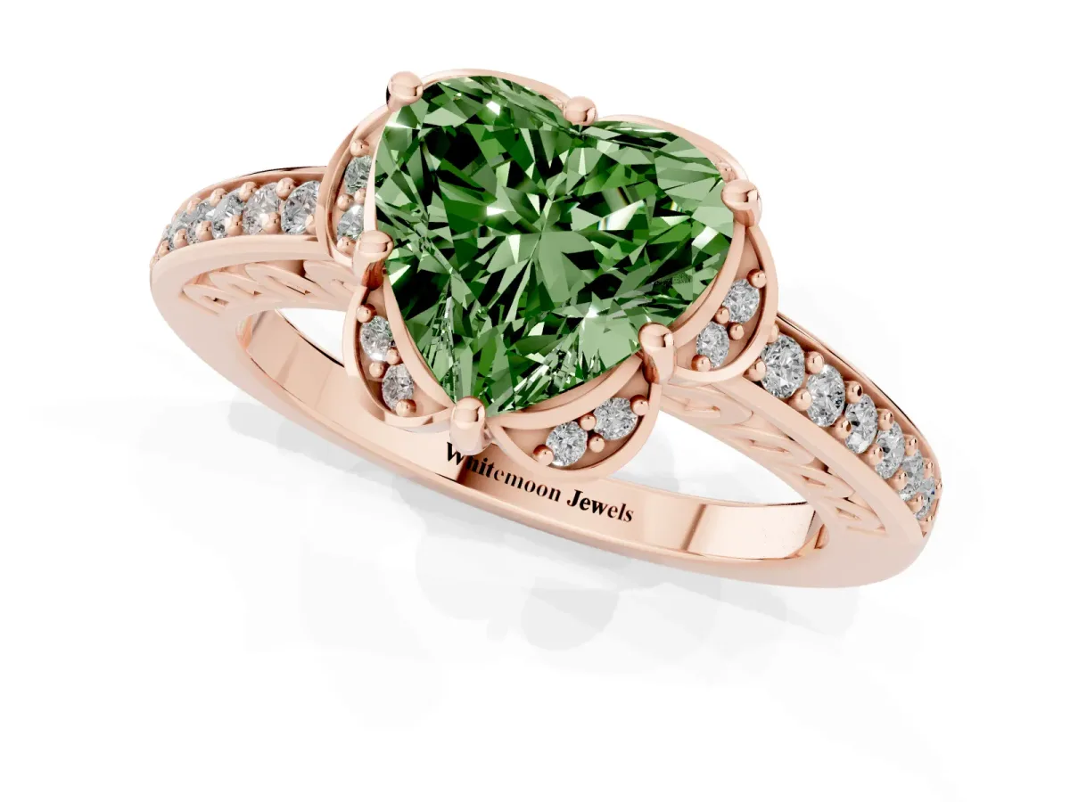 Fancy Green Heart Cut Cut Halo Diamond Ring with Channel Set Band and Four-Prong Setting Rose gold