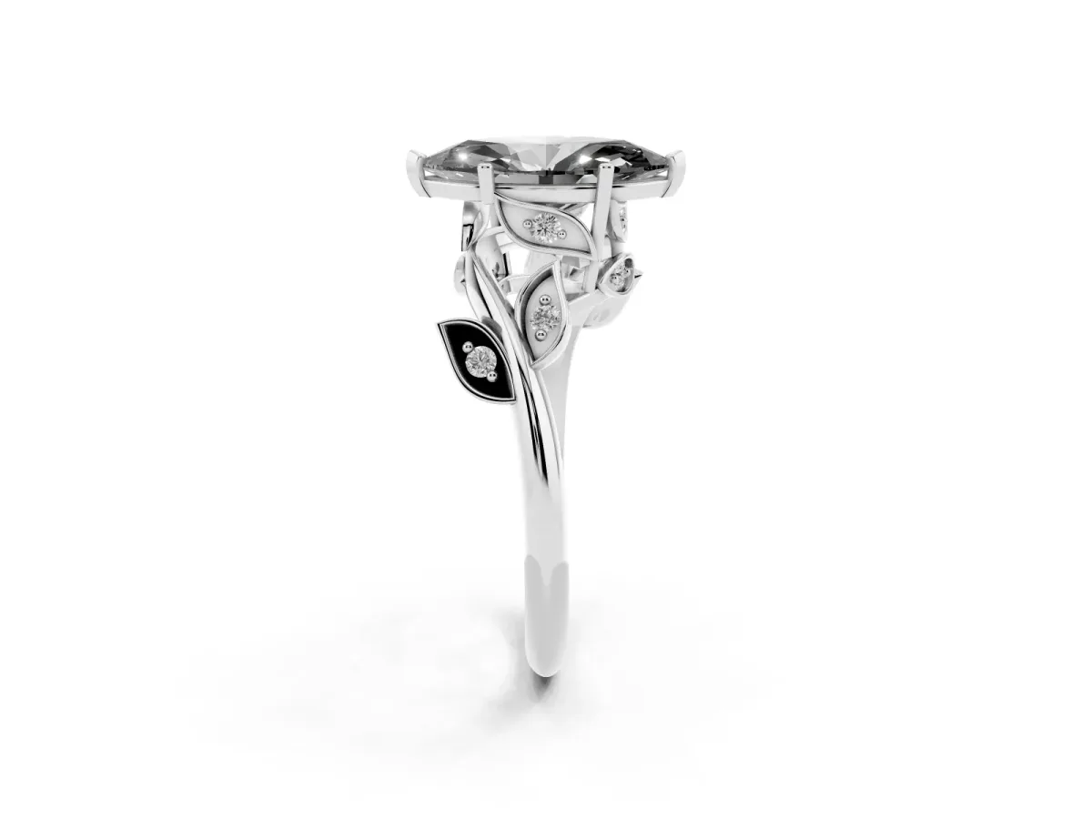 Fancy Black Marquise Cut Solitaire Twist Engagement Ring with Leaf Accents and Prong Setting Platinum