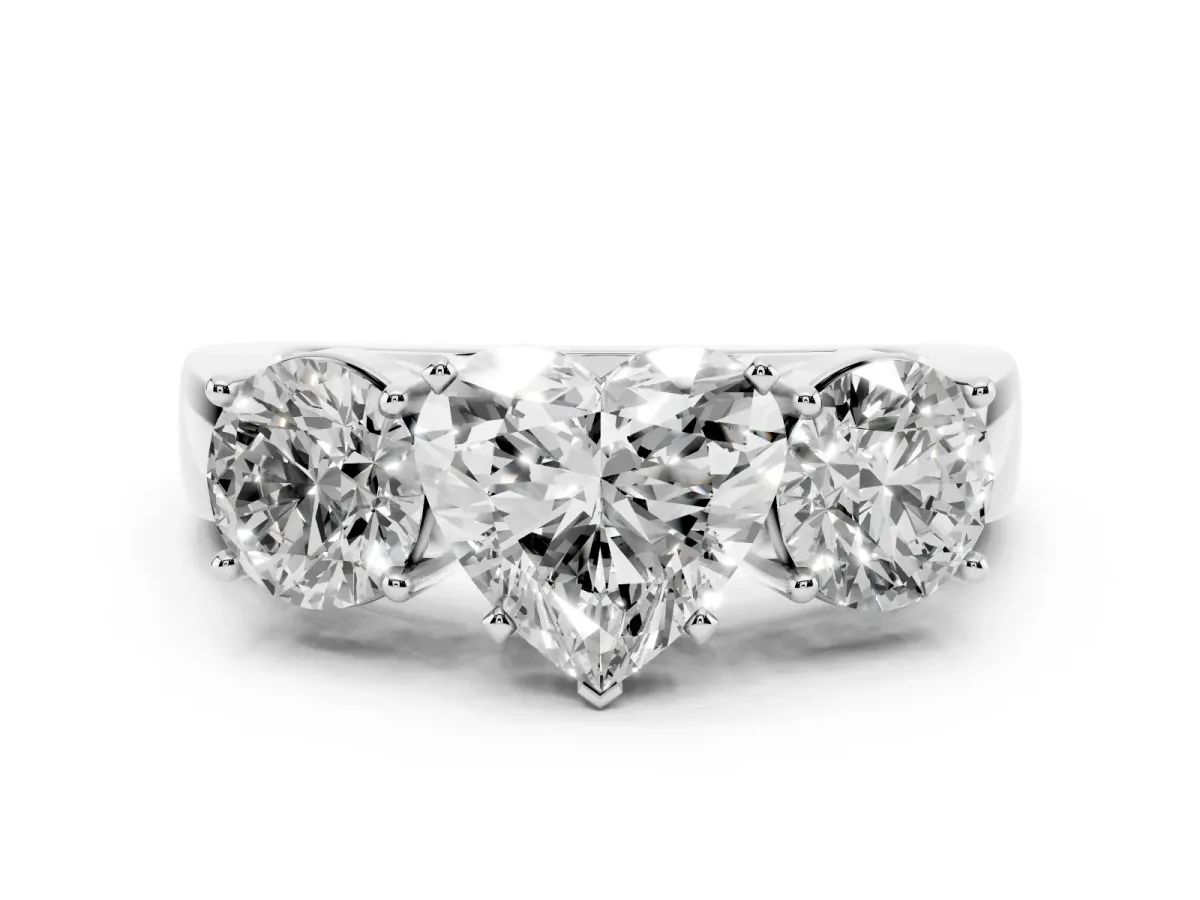 Three-Stone Heart Cut Diamond Ring with Round Side Stones, Classic Band, and Four-Prong Setting Silver