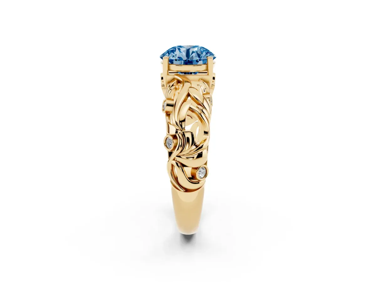 Fancy Blue Round Cut Solitaire Diamond Leaf-Inspired Vine Band Ring with Prong Setting Yellow gold