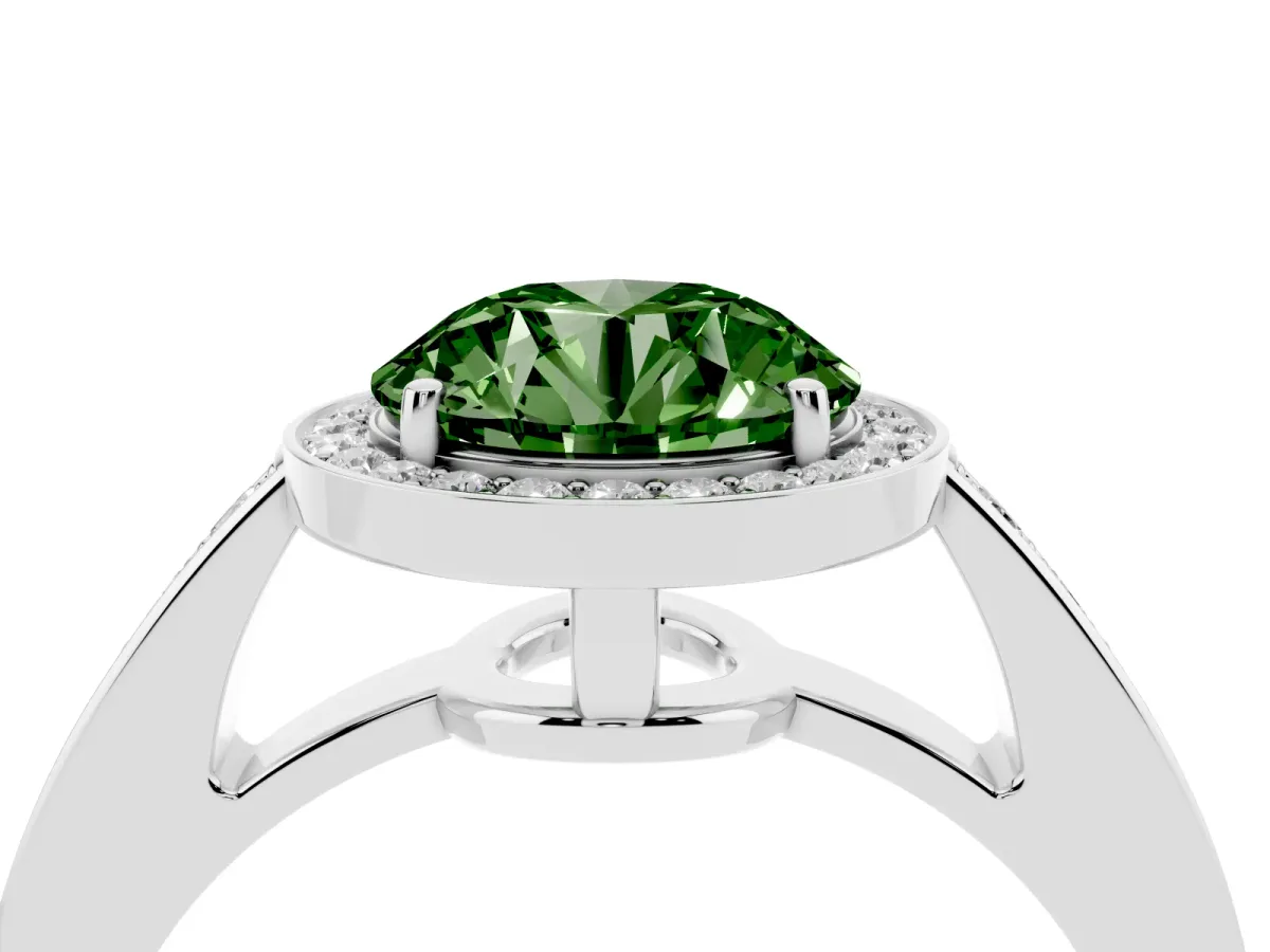Fancy Green Round Cut Halo Pavé Diamond Engagement Ring with Bezel Setting Silver
