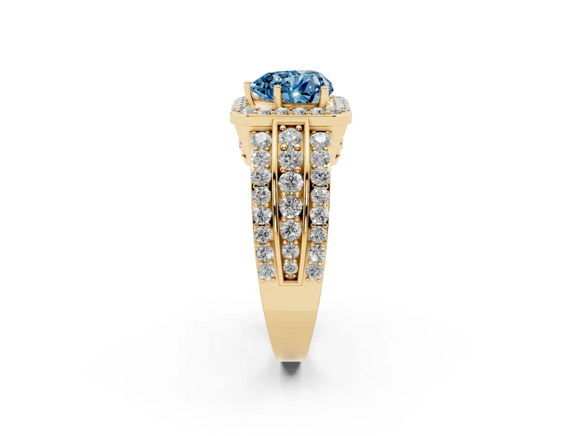 Fancy Blue Heart Cut Halo Diamond Ring with Round Split Shank and Prong Setting Yellow gold