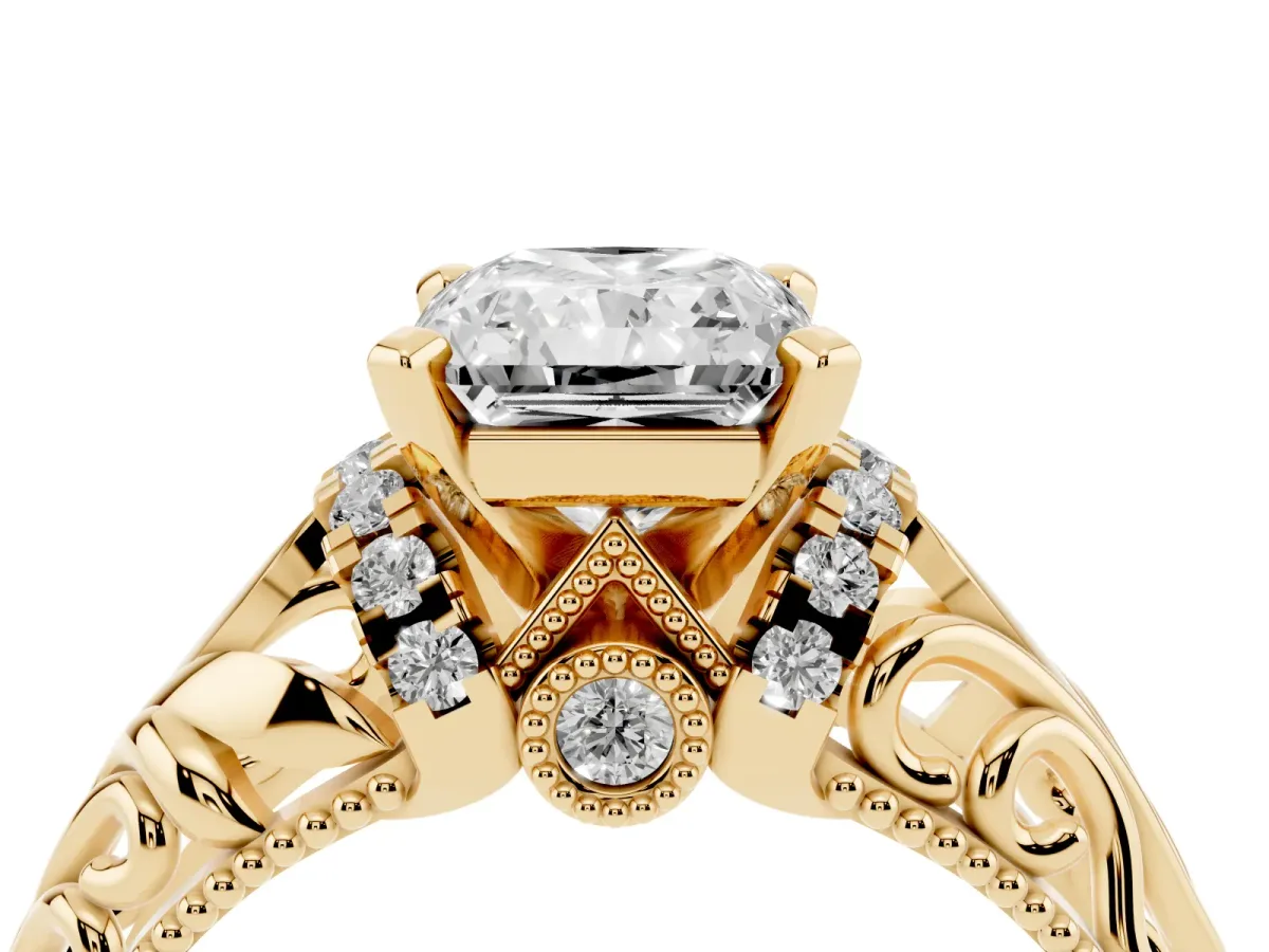 Radiant Cut Solitaire Filigree Engagement Ring with Halo and Prong Setting Yellow gold