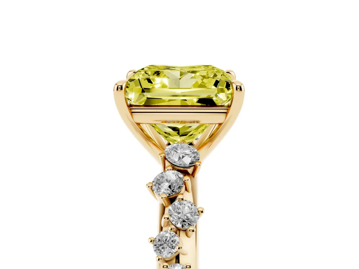 Fancy Yellow Princess Cut Diamond Cluster Side Stone Solitaire Ring with Prong Setting Yellow gold