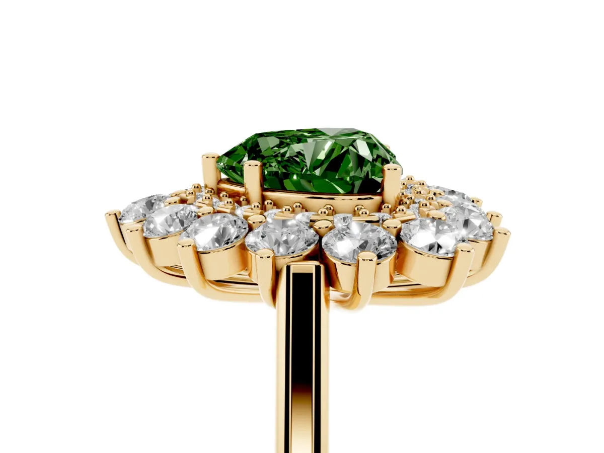 Fancy Green Heart Cut Diamond Floral Double Halo Engagement Ring with Prong Setting Yellow gold