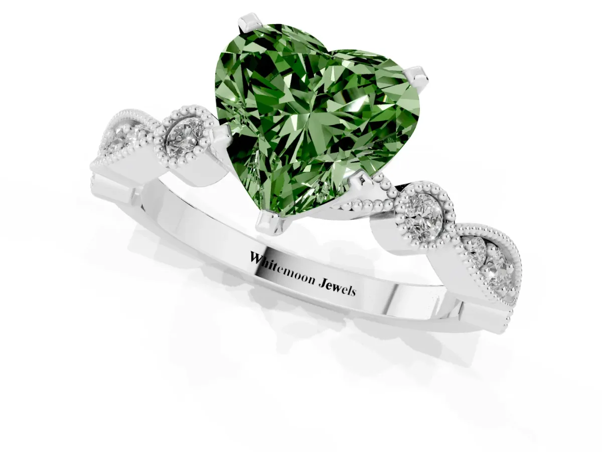 Fancy Green Heart Cut Milgrain Bezel Diamond Engagement Ring with Solitaire Prong Setting Silver