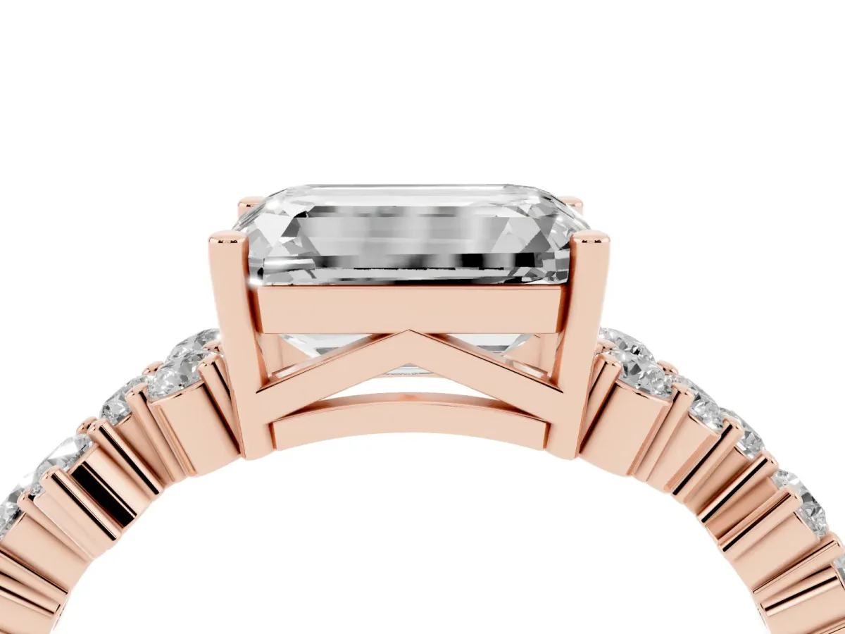 Emerald Cut Diamond Scattered Round Accent Ring with Prong Setting Rose gold