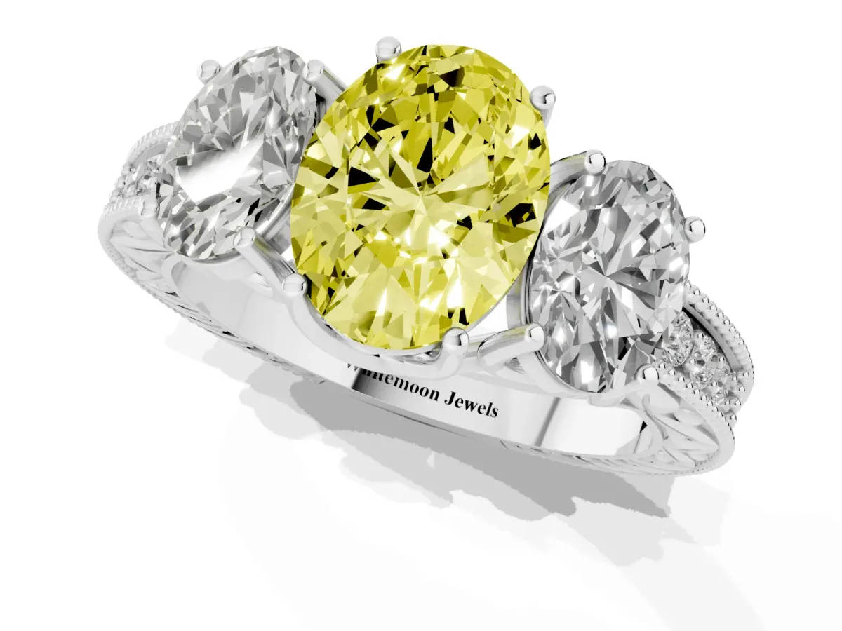 Fancy Yellow Three-Stone Oval Cut Cut Milgrain Pavé Engagement Ring Platinum