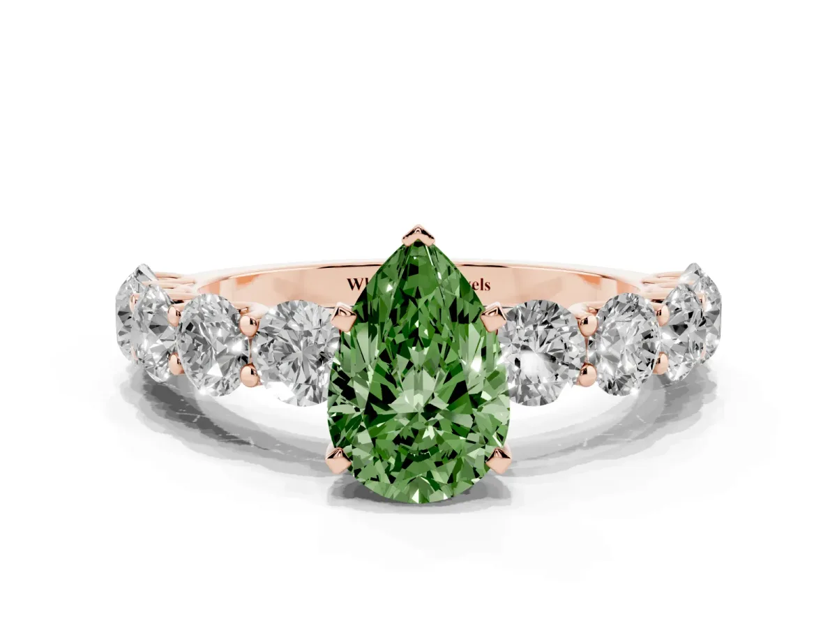 Fancy Green Pear Cut Diamond Prong Setting with Side Stones on a Pave Band Rose gold