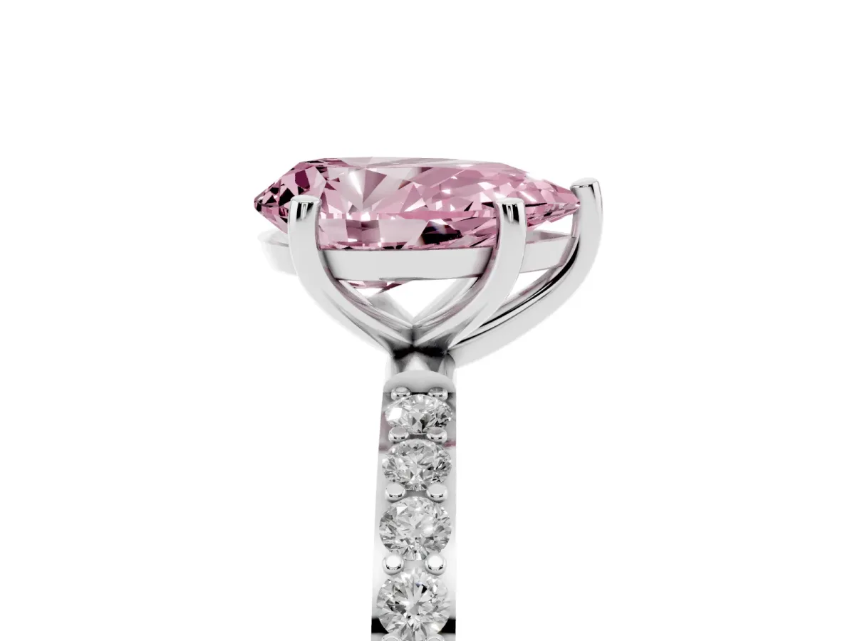 Fancy Pink Pear Cut Diamond Solitaire Ring with Round Pavé Shoulders and Prong Setting Silver