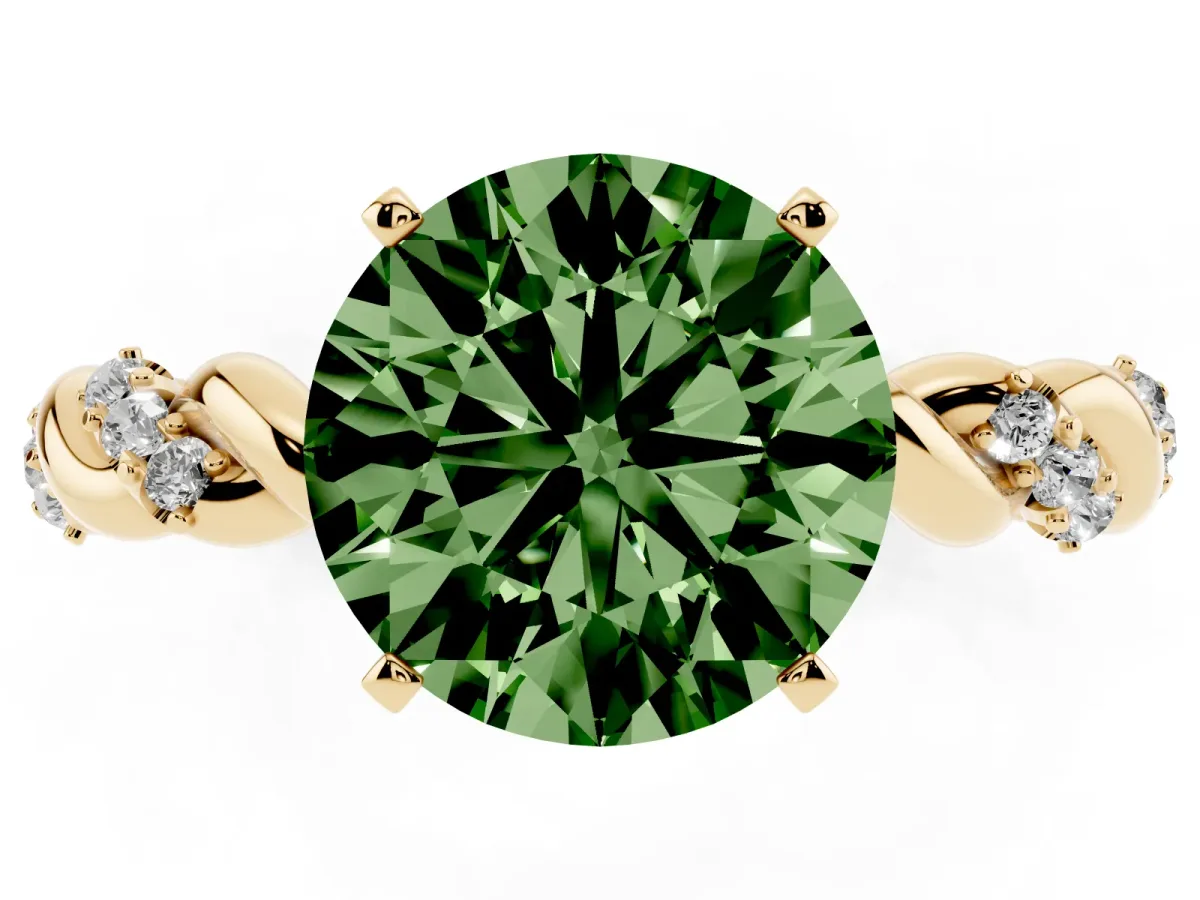 Fancy Green Round Cut Diamond Solitaire Ring with Twisted Band and Pavé Accents Yellow gold