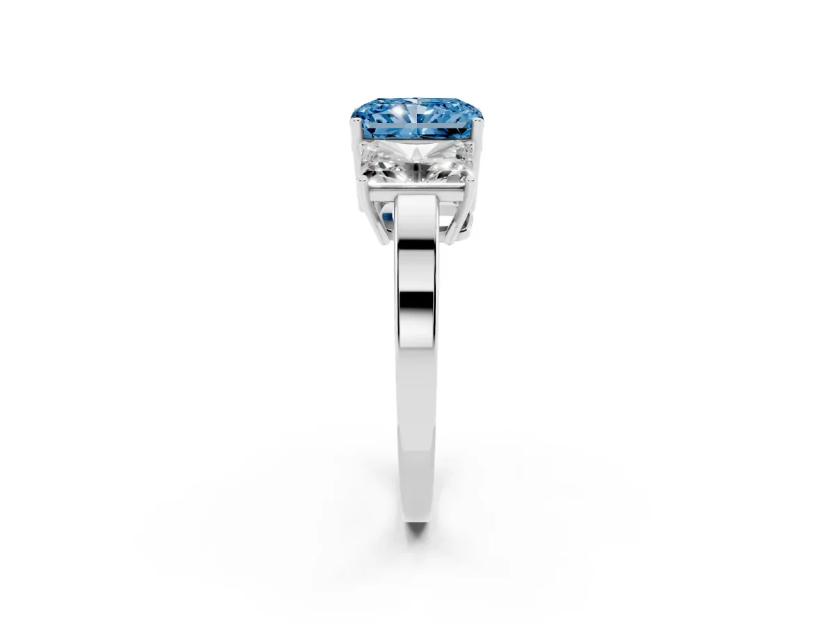 Fancy Blue Three-Stone Radiant Cut Cut Diamond Engagement Ring with Flat Band and Four-Prong Setting Silver