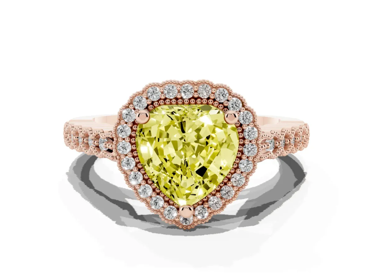Fancy Yellow Heart Cut Cut Halo Pavé Solitaire Ring with Milgrain Band Rose gold