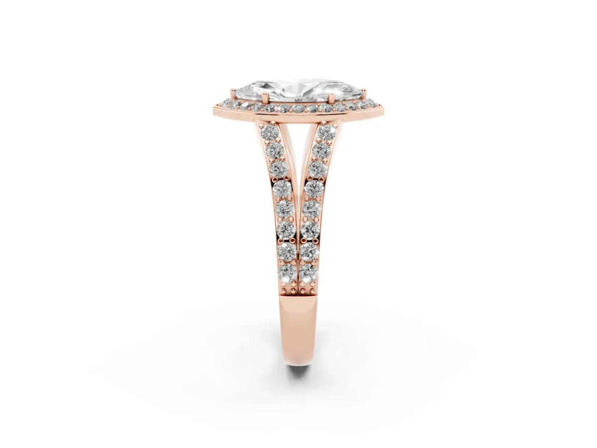 Marquise Cut Diamond Split Shank Halo Ring with Four-Prong Setting Rose gold
