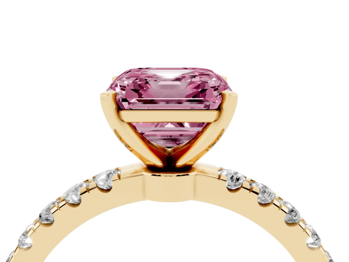 Fancy Pink Asscher Cut Diamond Solitaire Ring with Pavé Accents and Four-Prong Setting Yellow gold
