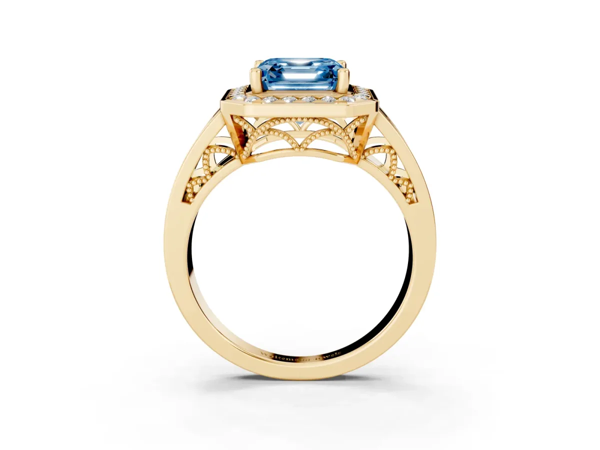 Fancy Blue Asscher Cut Diamond Halo Ring with Split Shank and Bezel Accents and Prong Setting Yellow gold