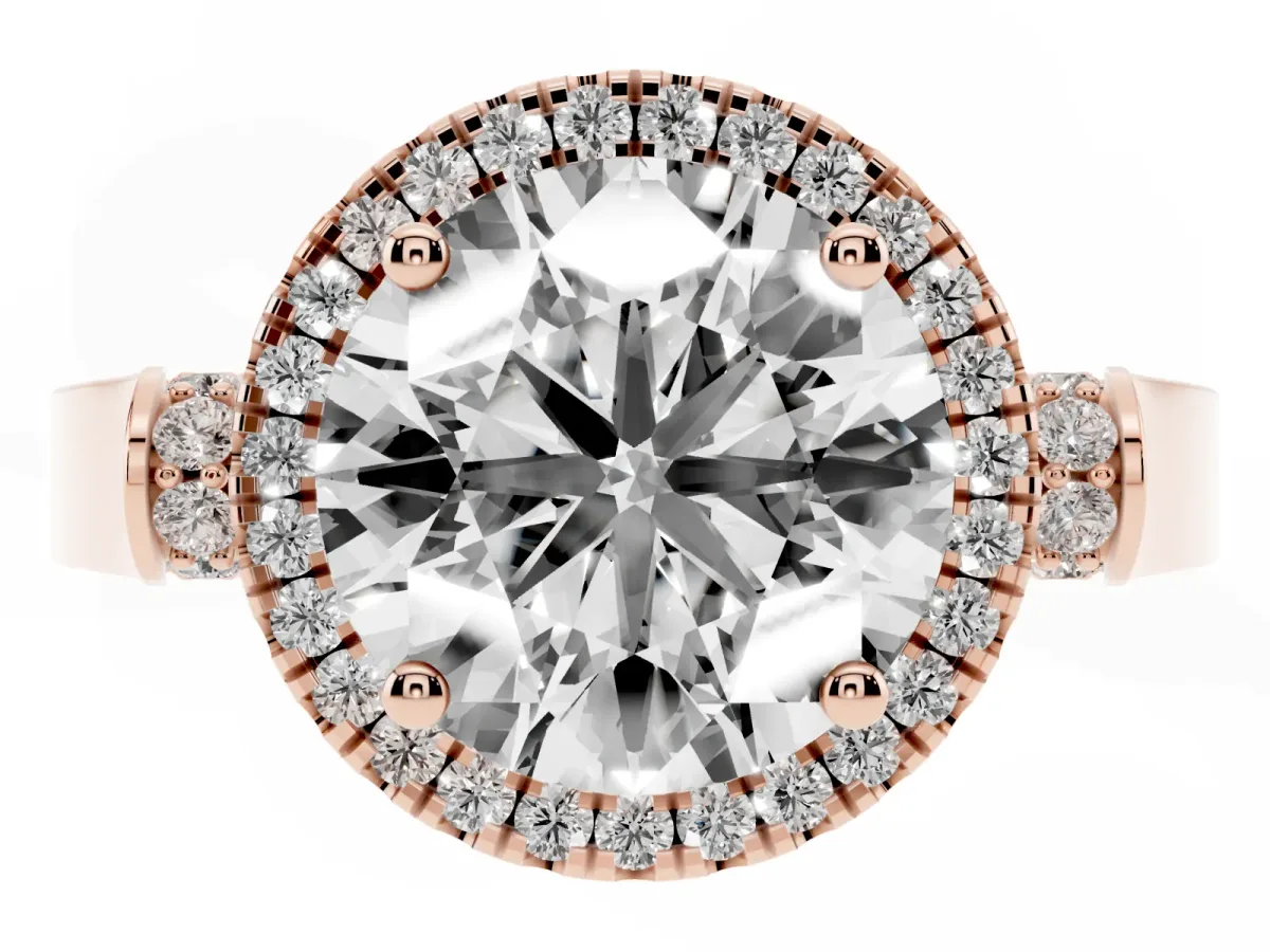 Round Cut Halo Pave Split Shank Prong Setting Ring Rose gold
