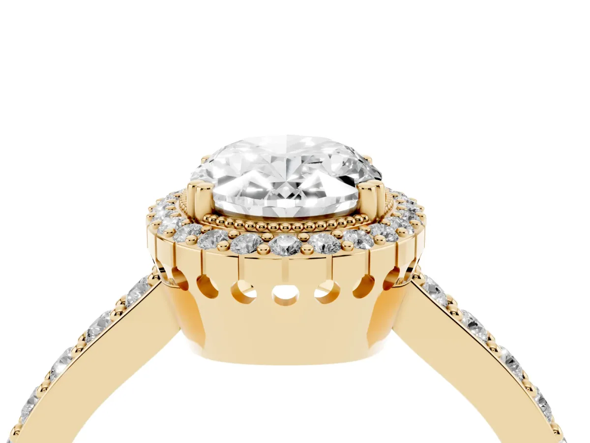 Oval Cut Cut Diamond Halo Engagement Ring with Milgrain Detail and Pavé Band Yellow gold
