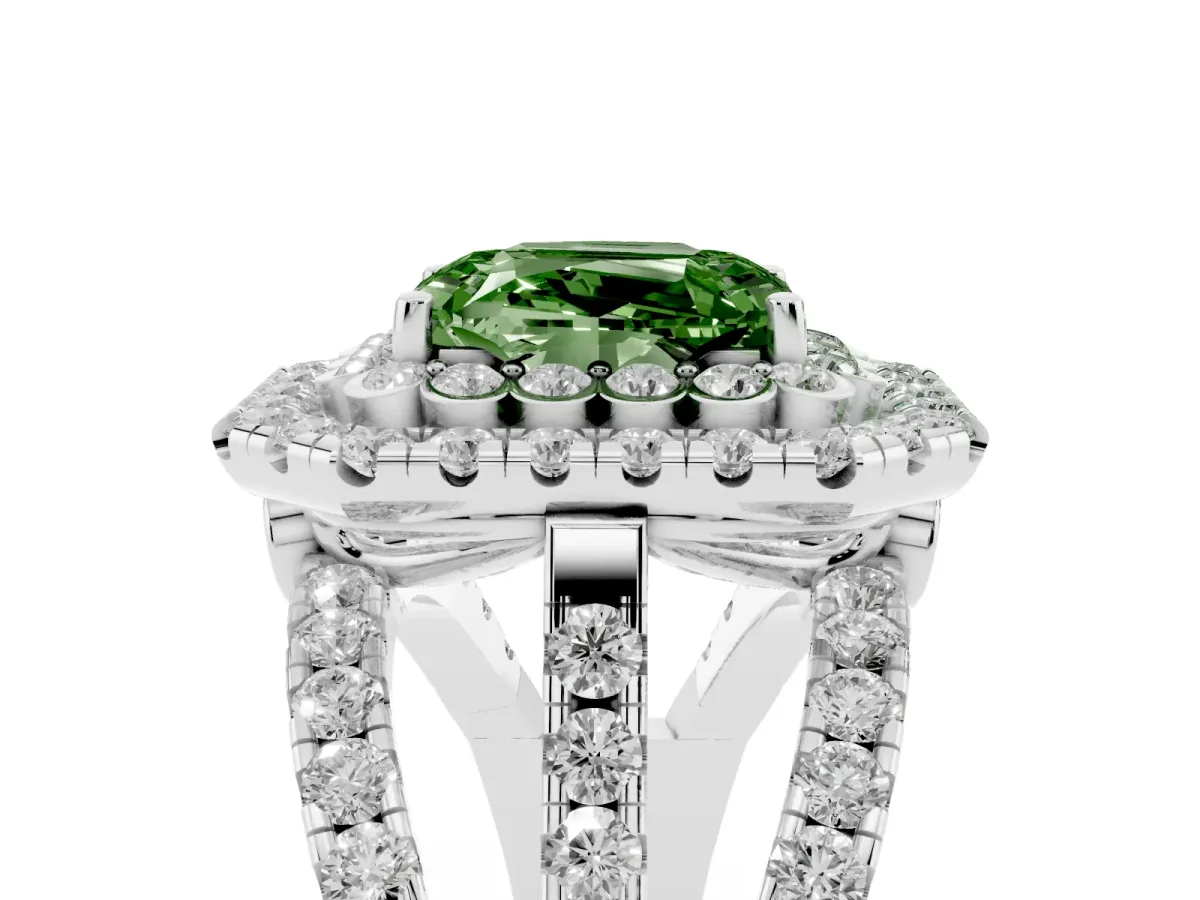 Fancy Green Emerald Cut Diamond Double Halo Ring with Round Pavé Split Shank and Prong Setting Platinum