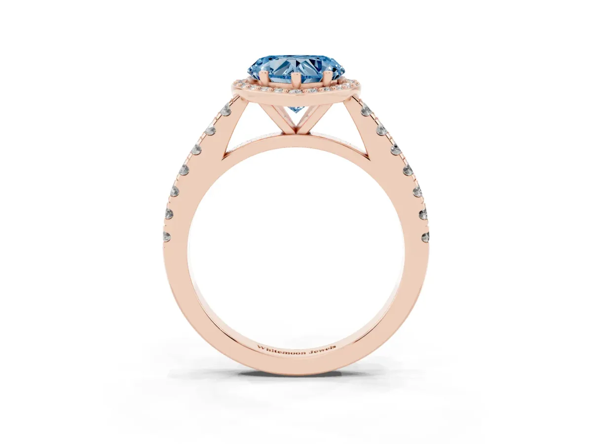 Fancy Blue Heart Cut Cut Halo Diamond Engagement Ring with Pave Band and Four-Prong Setting Rose gold