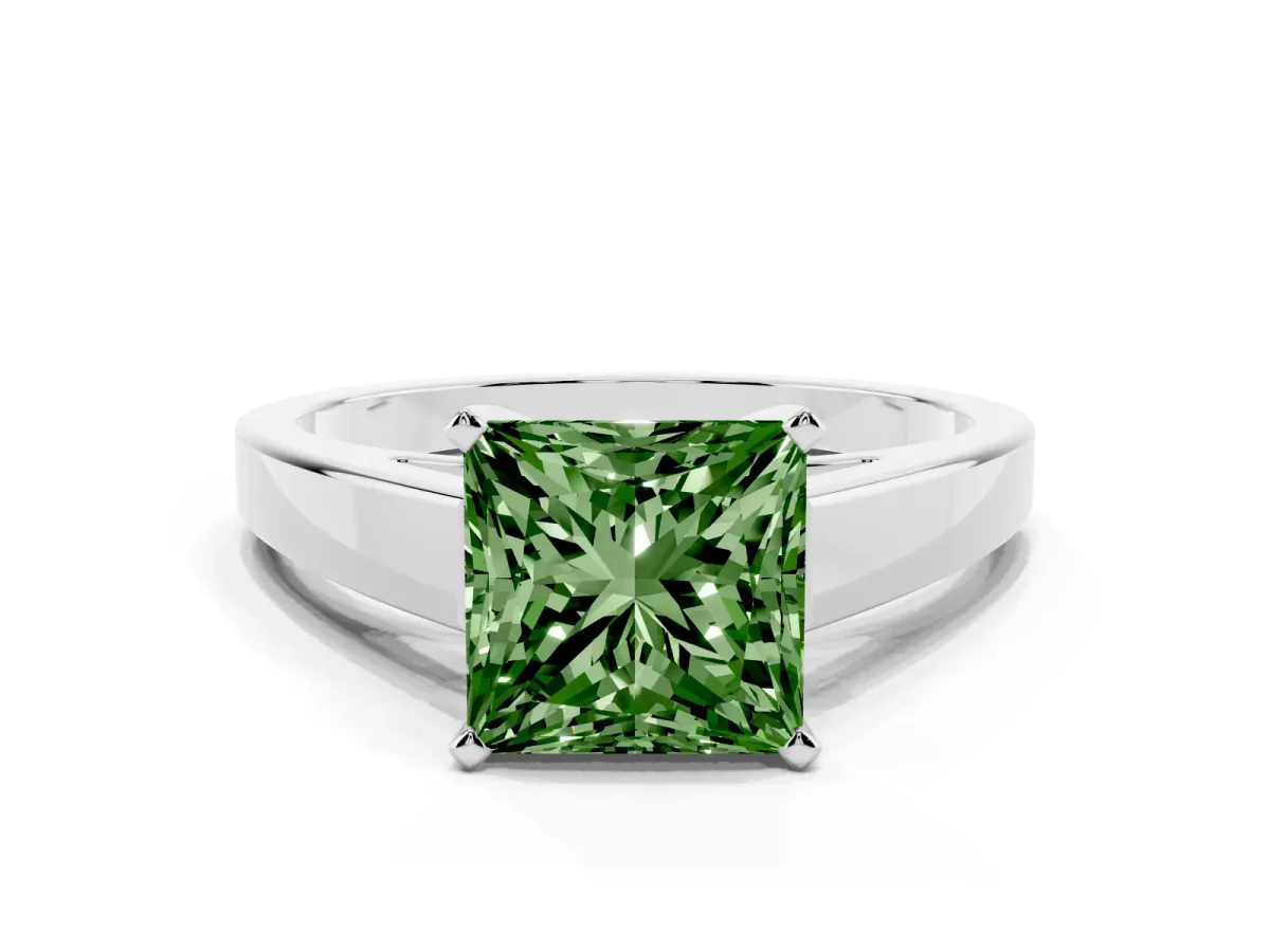 Fancy Green Princess Cut Solitaire Engagement Ring with Four-Prong Setting and Tapered Band White gold