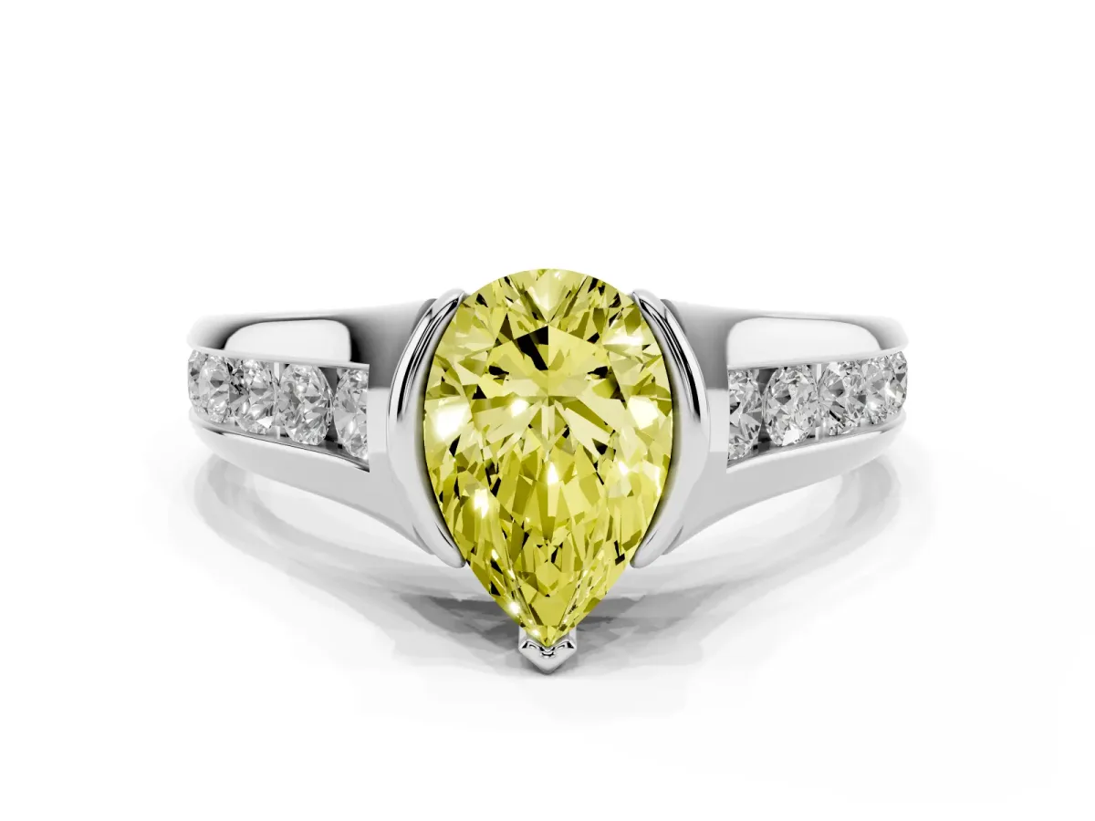 Fancy Yellow Pear Cut Solitaire Bezel-Set Diamond Ring with Channel-Set Band Silver
