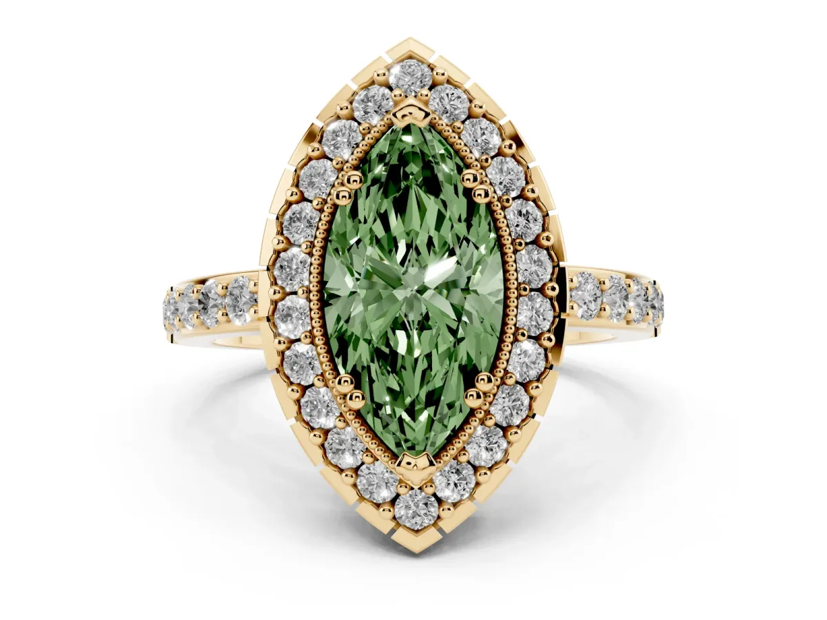 Fancy Green Marquise Cut Diamond Halo Ring with Pavé Band and Prong Setting Yellow gold