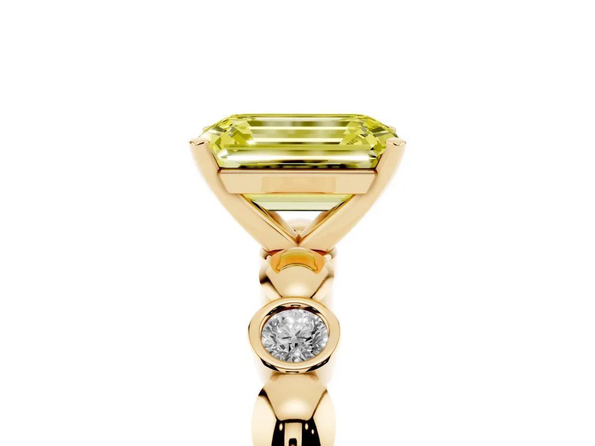 Fancy Yellow Emerald Cut Solitaire Bezel-Set Diamond Ring with Beaded Band and Four-Prong Setting Yellow gold