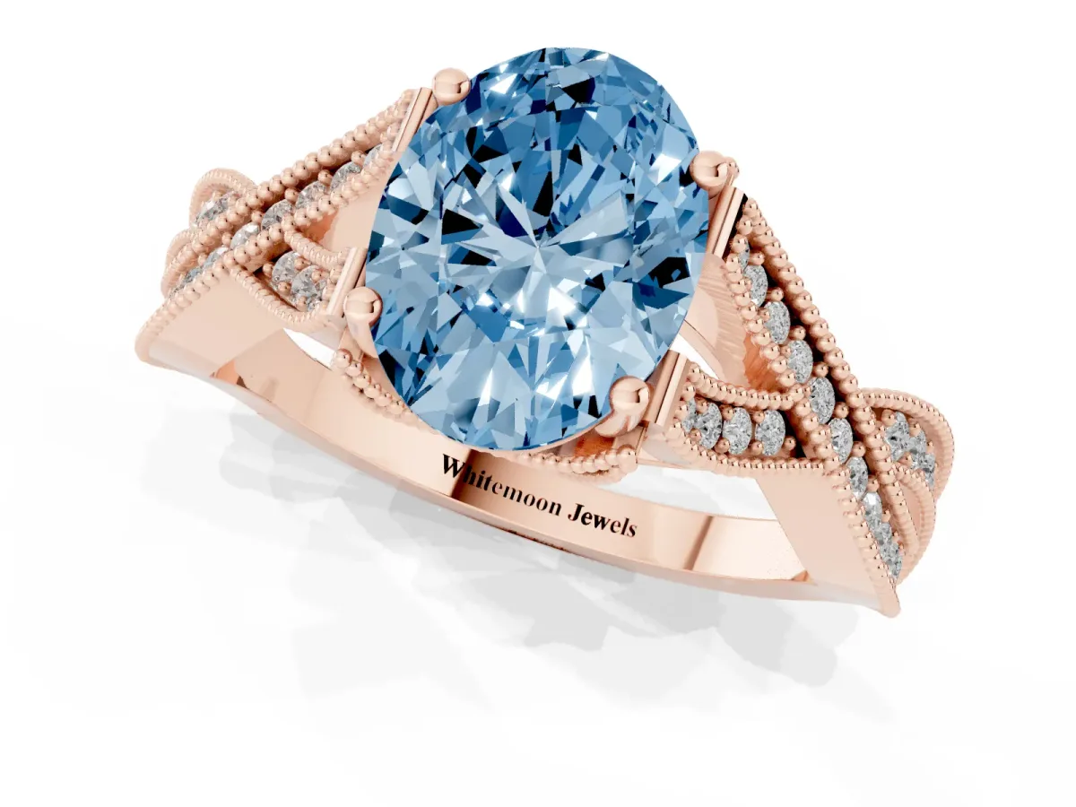 Fancy Blue Oval Cut Cut Diamond Twisted Band with Milgrain Pave Setting and Four-Prong Setting Rose gold