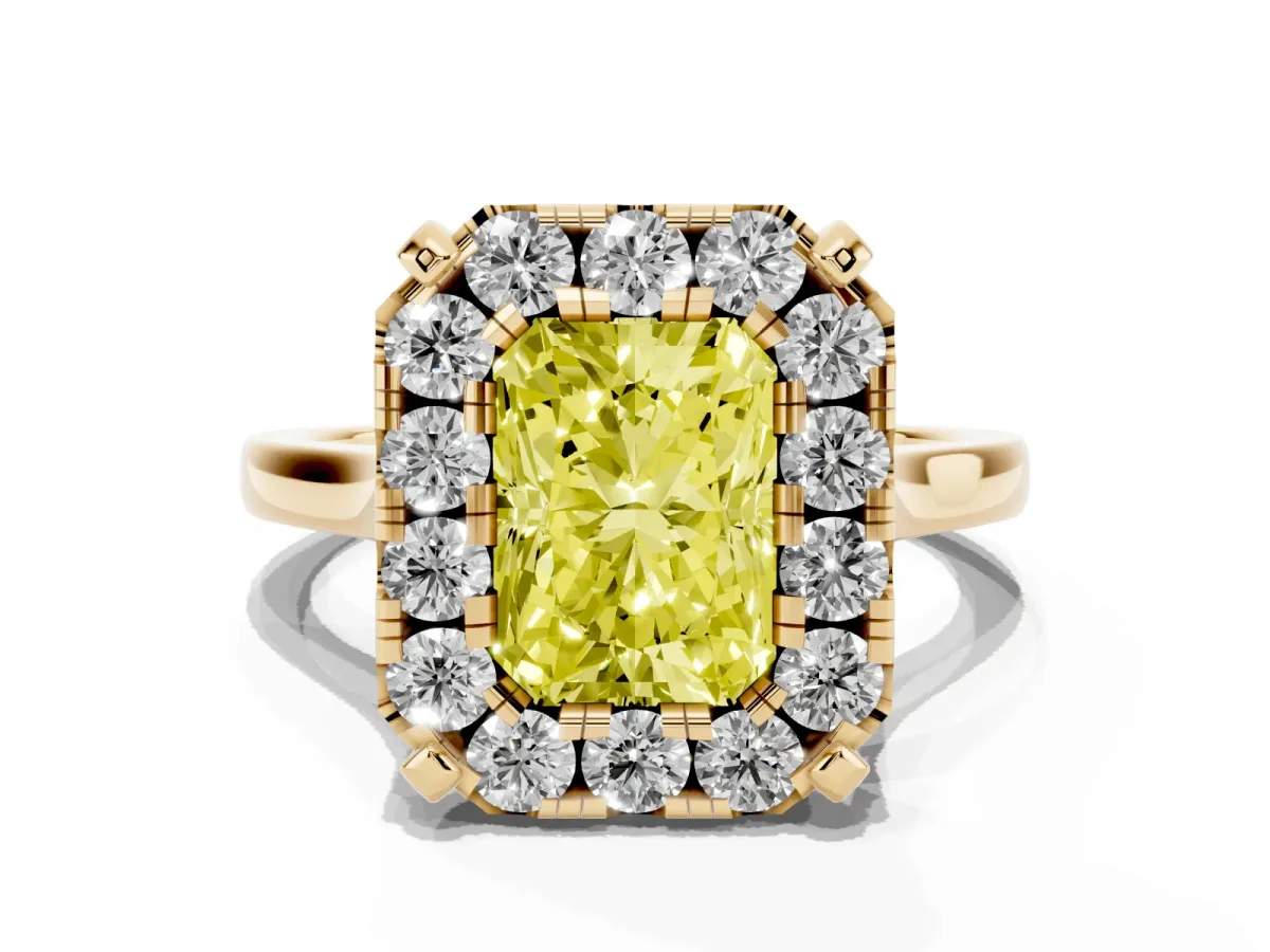Fancy Yellow Radiant Cut Diamond Cluster Halo Solitaire with Four-Prong Setting Yellow gold