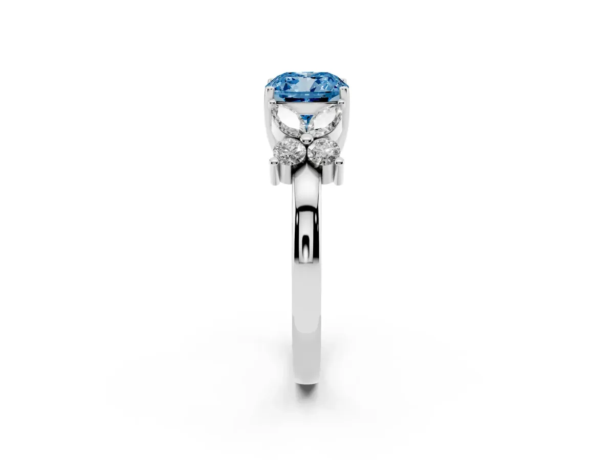 Fancy Blue Cushion Cut Diamond Floral Cluster Ring with Solitaire Band and Prong Setting Silver