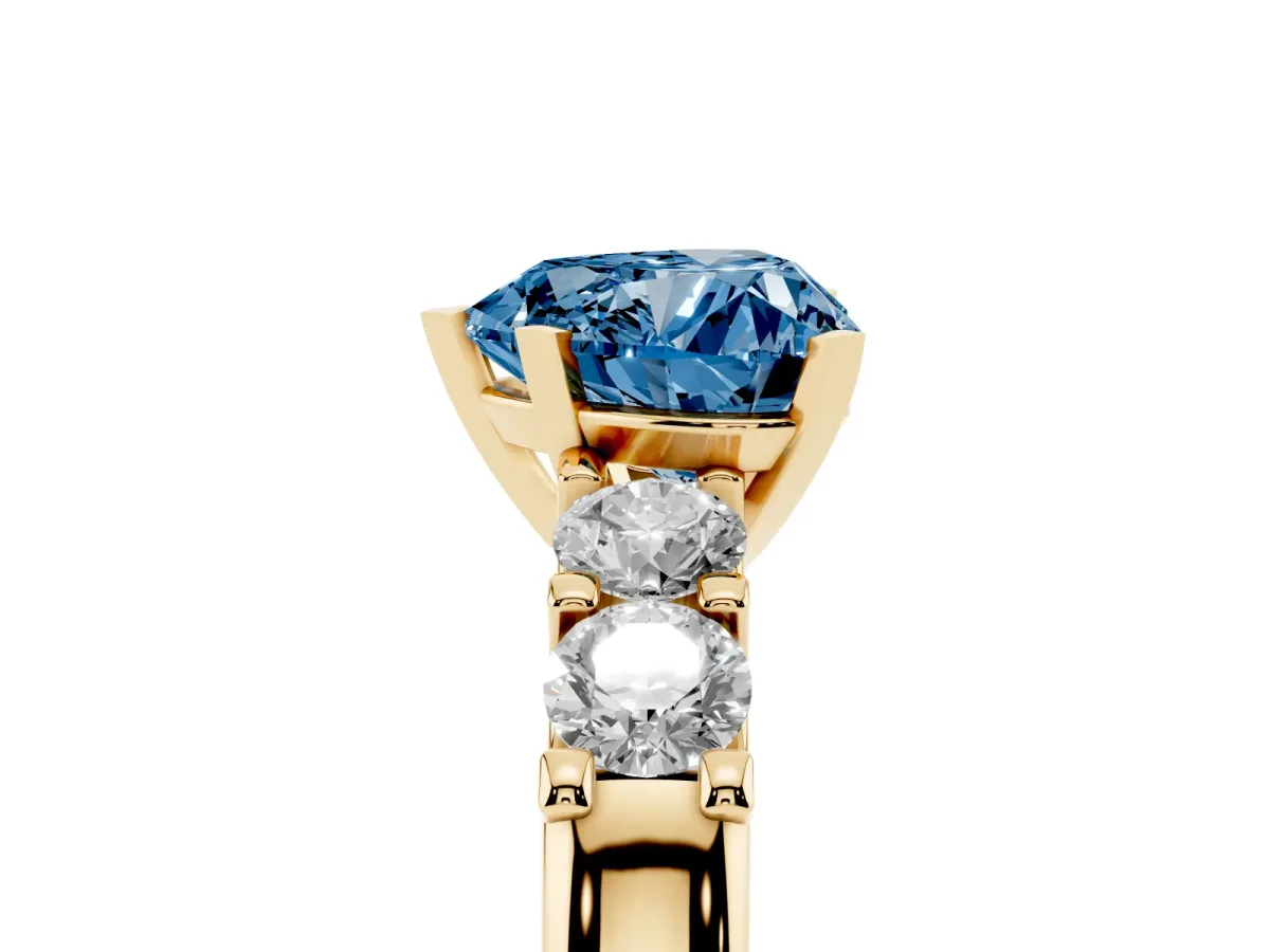 Fancy Blue Heart Cut Brilliant Cut Diamond Five-Stone Prong Set Engagement Ring with Channel Band Yellow gold