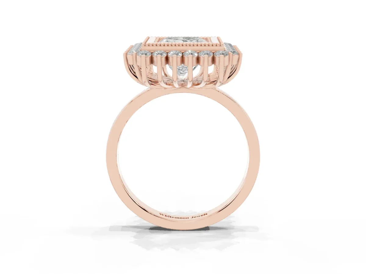 Princess Cut Halo Diamond Ring with Milgrain Edge and Round Prong Setting Rose gold