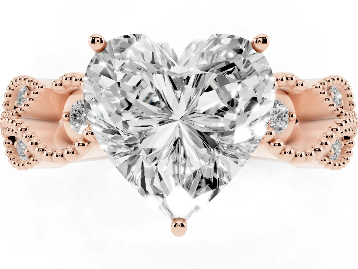 Heart Cut Solitaire Milgrain Leaf Band with Prong Setting Rose gold