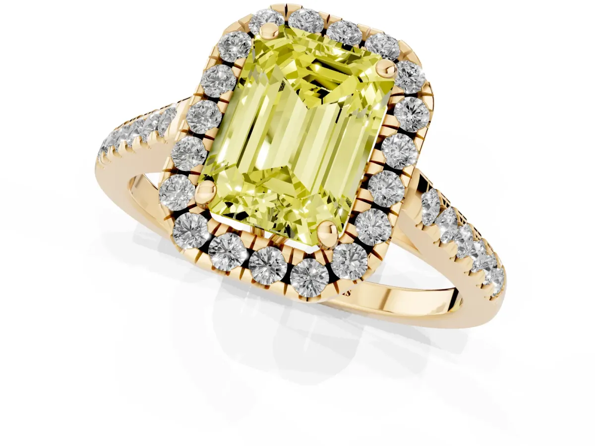 Fancy Yellow Emerald Cut Halo Pavé Diamond Engagement Ring with Four-Prong Setting Yellow gold