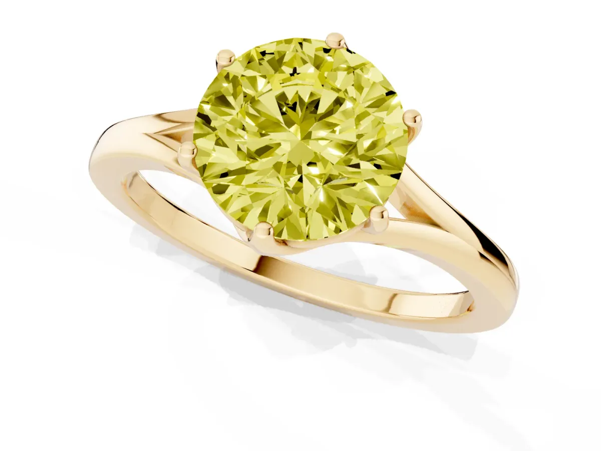 Fancy Yellow Round Cut Solitaire Diamond Ring with Six-Prong Setting and Tapered Band Yellow gold