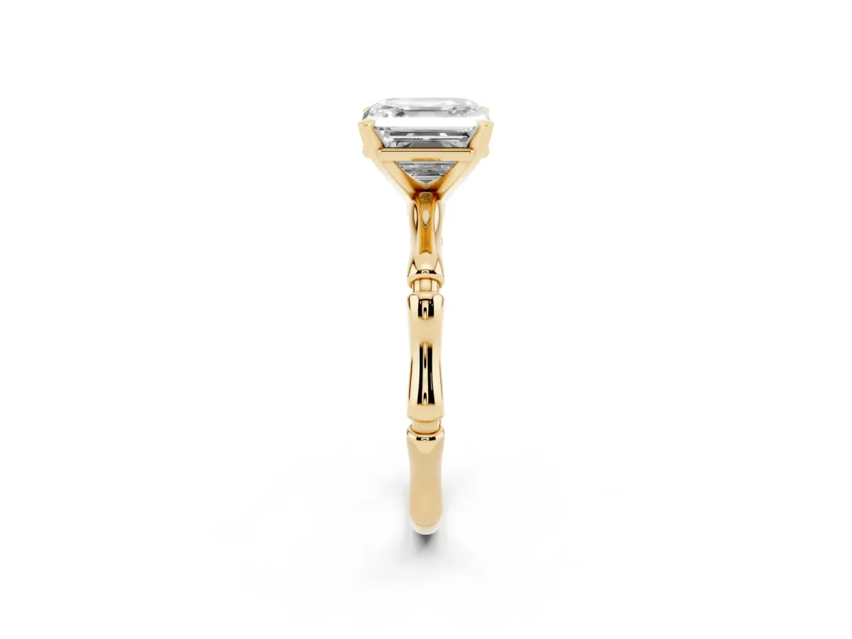 Asscher Cut Solitaire Diamond Ring with Bamboo Band and Four-Prong Setting Yellow gold