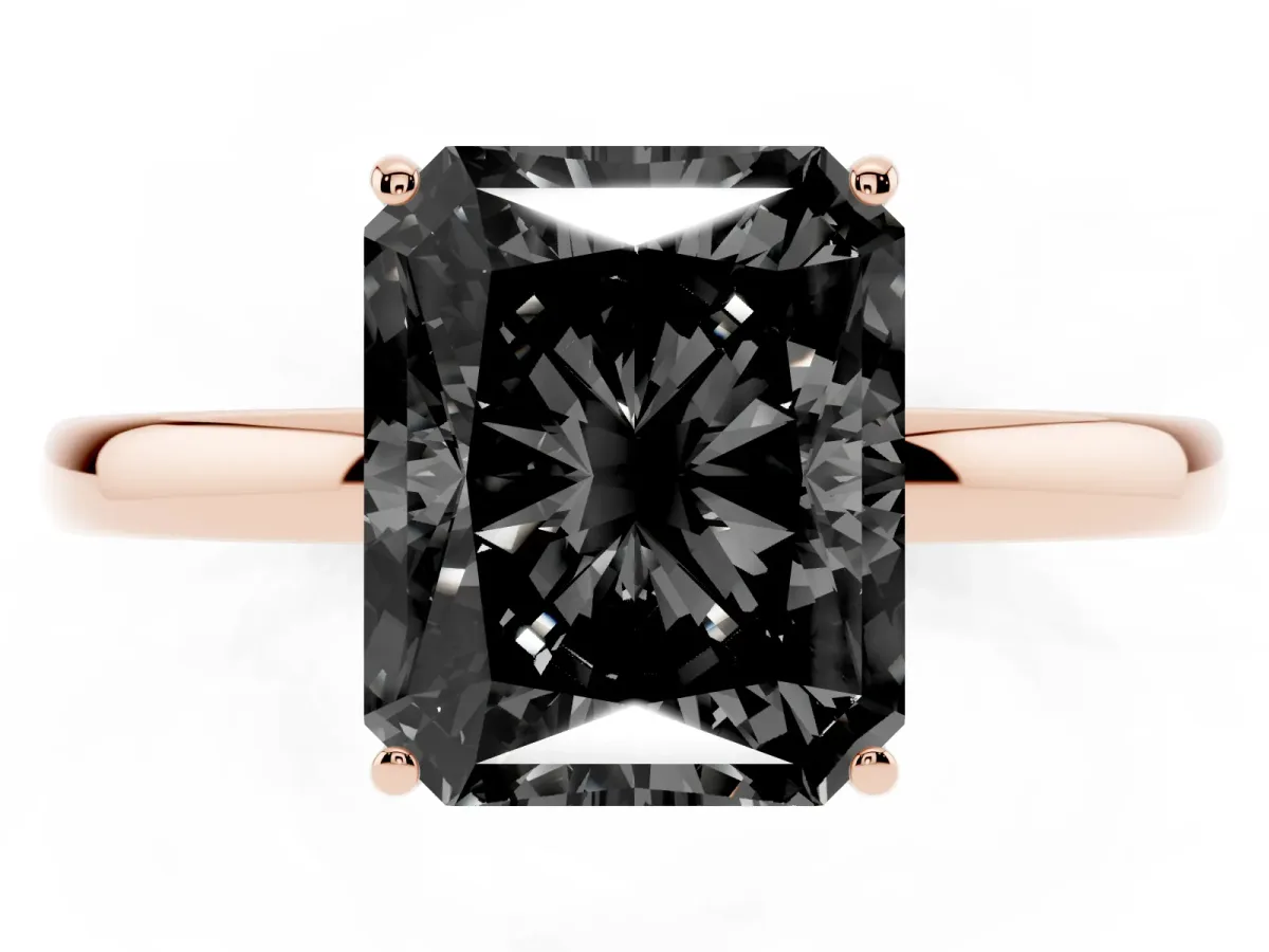 Fancy Black Radiant Cut Solitaire Diamond Ring with Prong Setting and Plain Band Rose gold