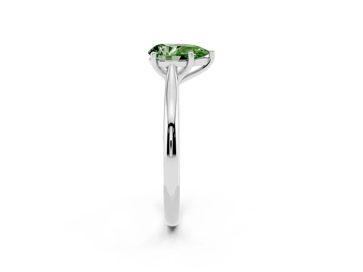 Fancy Green Pear Cut Cut Solitaire Ring with Cathedral Band and Four-Prong Setting Silver