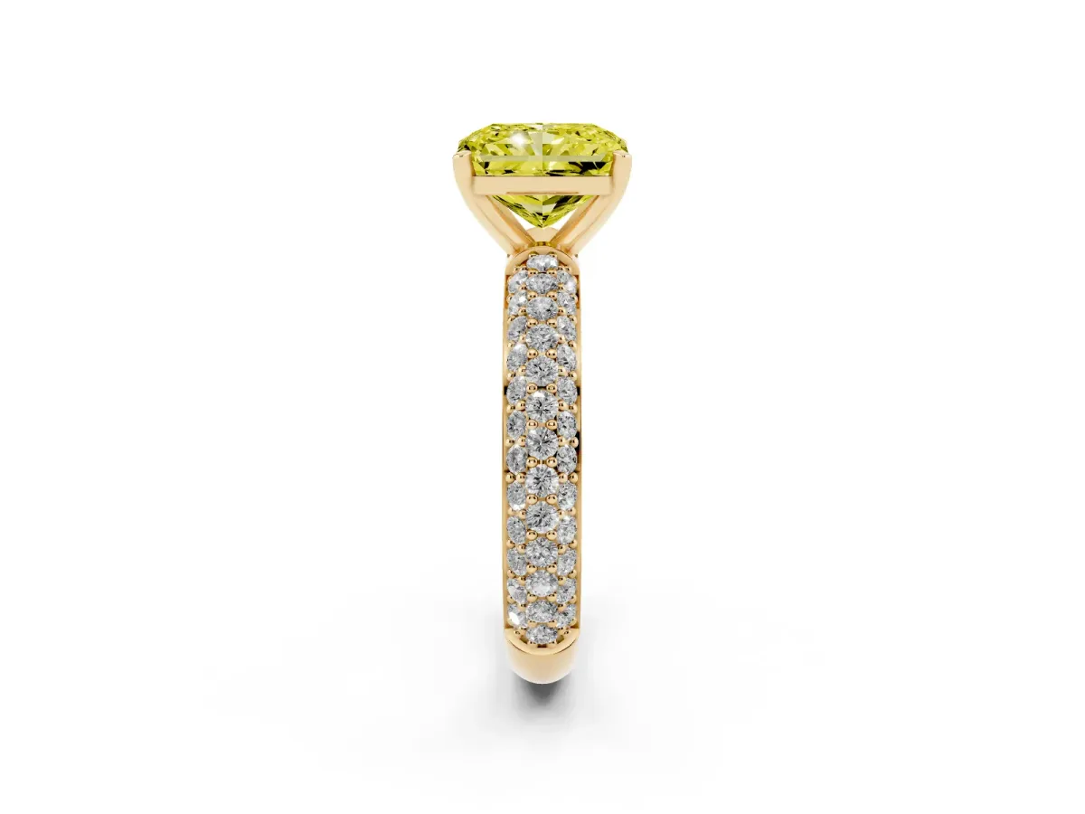 Fancy Yellow Radiant Cut Diamond Solitaire Ring with Prong Setting and Pavé Band Yellow gold
