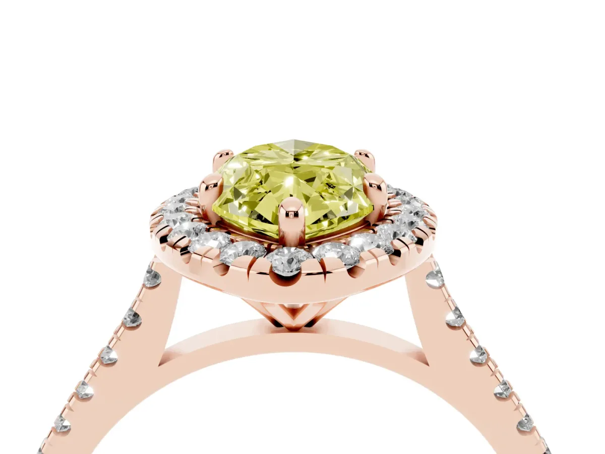 Fancy Yellow Marquise Cut Diamond Cushion Halo Ring with Pavé Band Rose gold