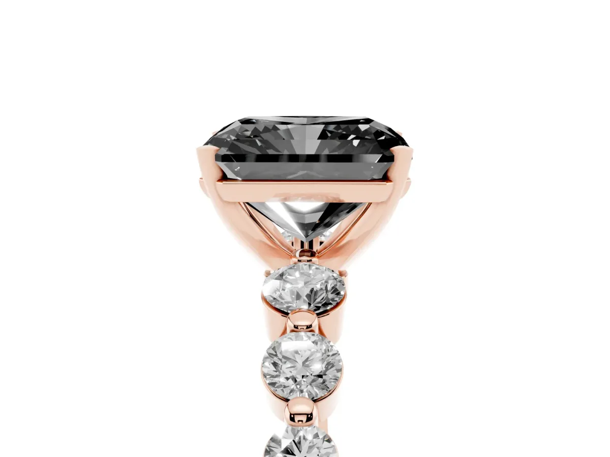 Fancy Black Radiant Cut Solitaire Diamond Ring with Pave Band and Four-Prong Setting Rose gold